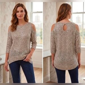 eci New York Glitter Sequin Top Size S Small NWT Net Knitted Look Sand Blouse
